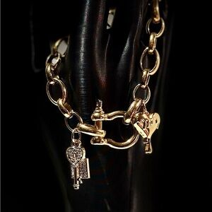 Gold Carabiner Charm Bracelet with Heart and Key